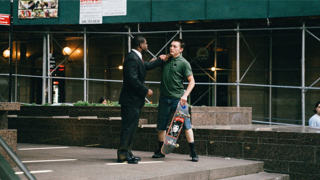 Ben Kadow, 31-year-old New York skater, tangles with one of the city's security guards