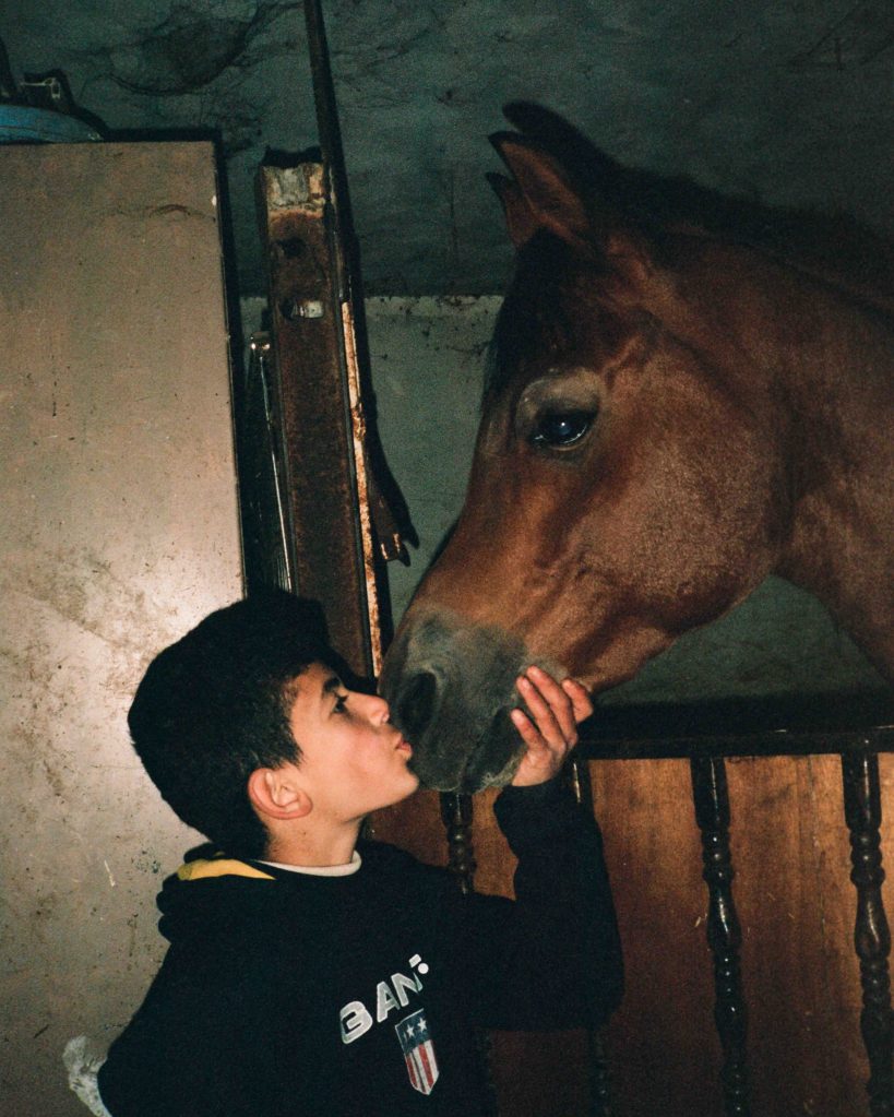 A Palestinian boy wearing a hooded top kisses a horse on the nose